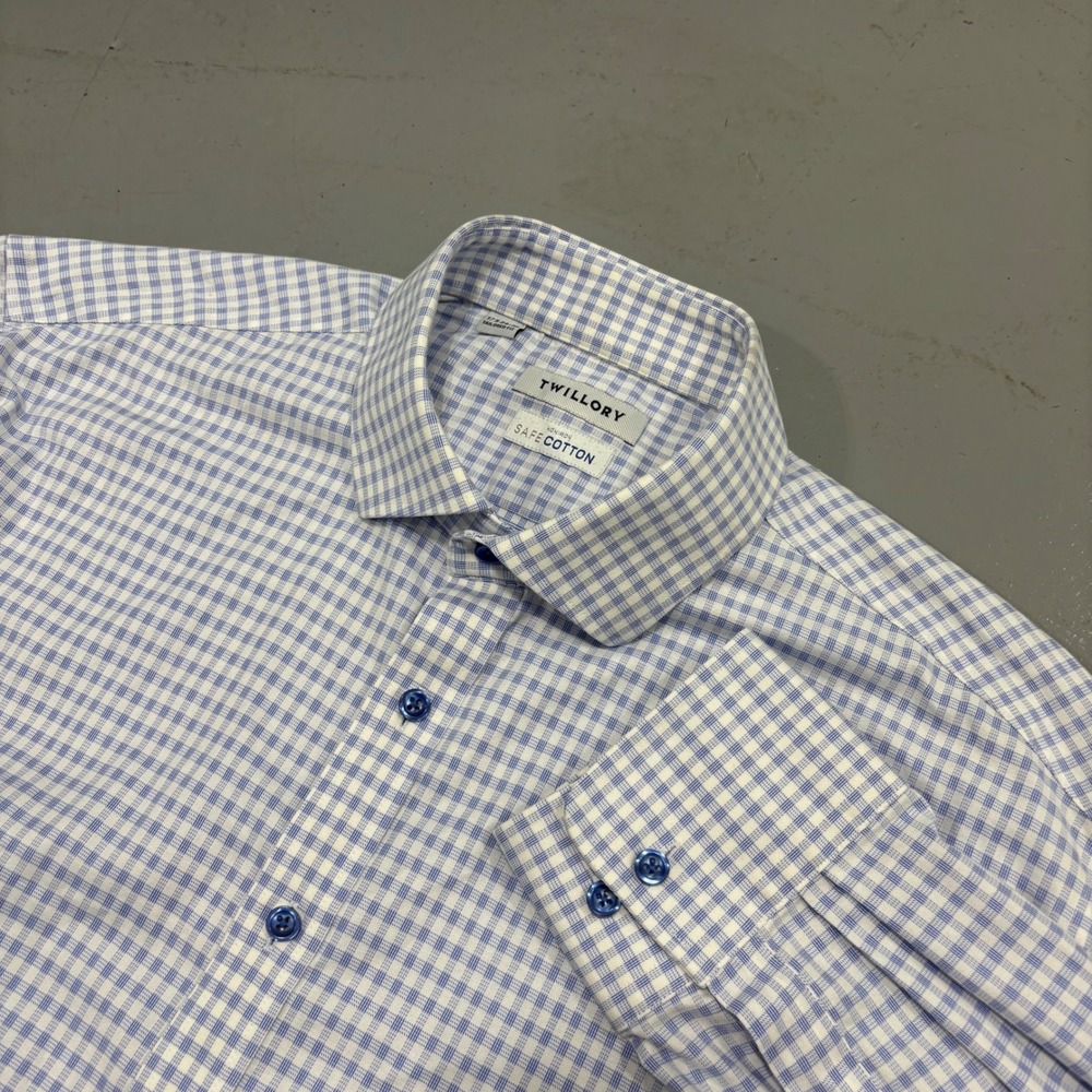 Twillory Mens 17.5 34/35 Tailored Fit Non-Iron Gingham Dress Shirt Blue